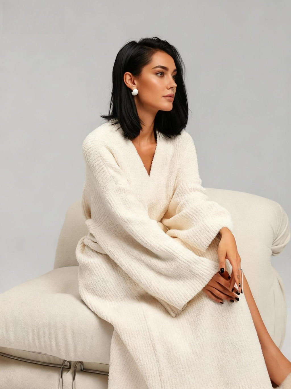 Woman relaxing on a sofa in the cream fleece robe