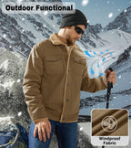 Khaki sherpa jacket worn outdoors in snowy mountains, windproof cotton shell
