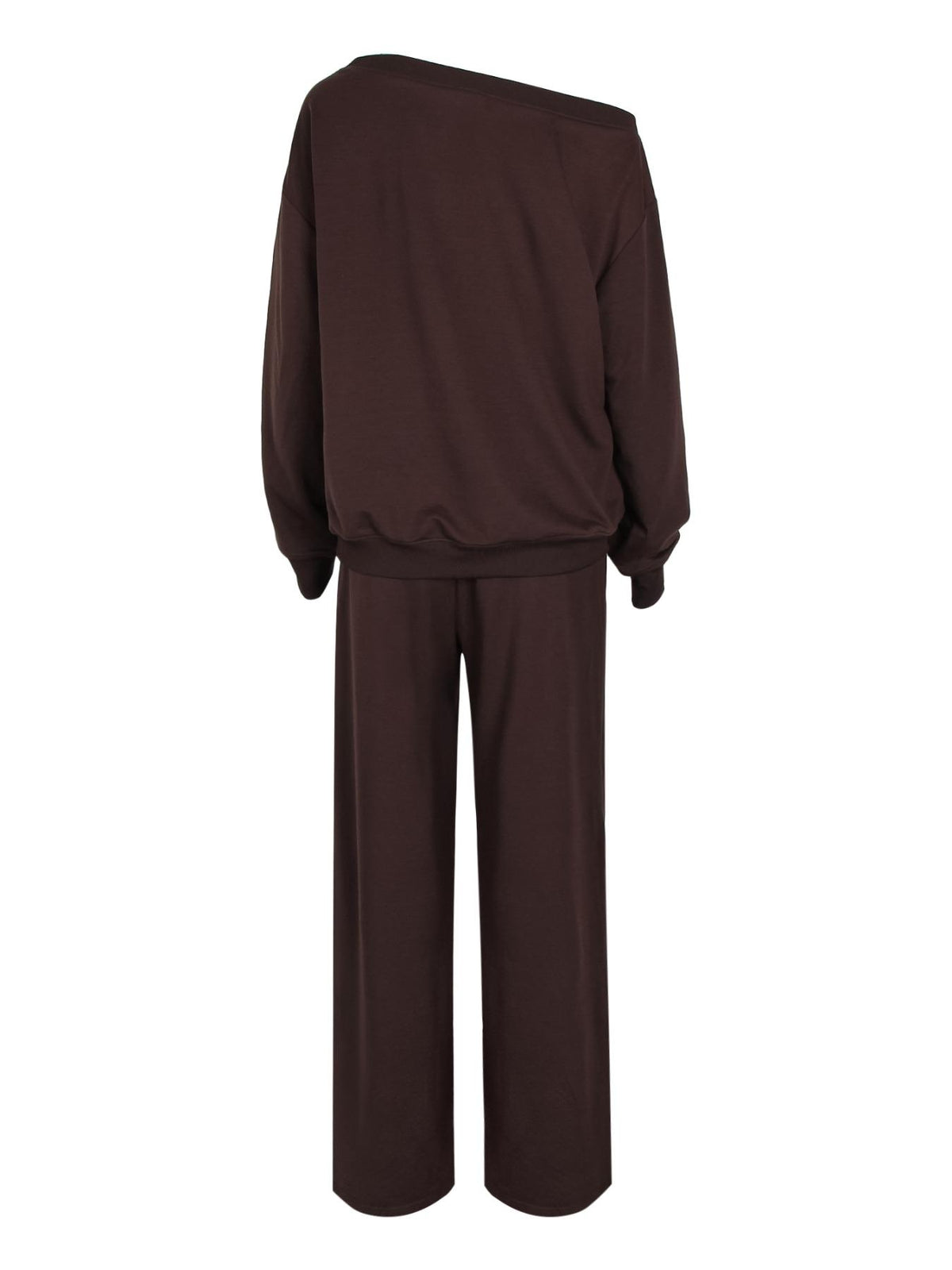 Coffee brown off-shoulder sweatshirt and wide-leg pants laid out on a white background