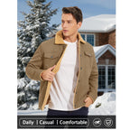 Man in the khaki fleece-lined trucker jacket in front of a snowy house