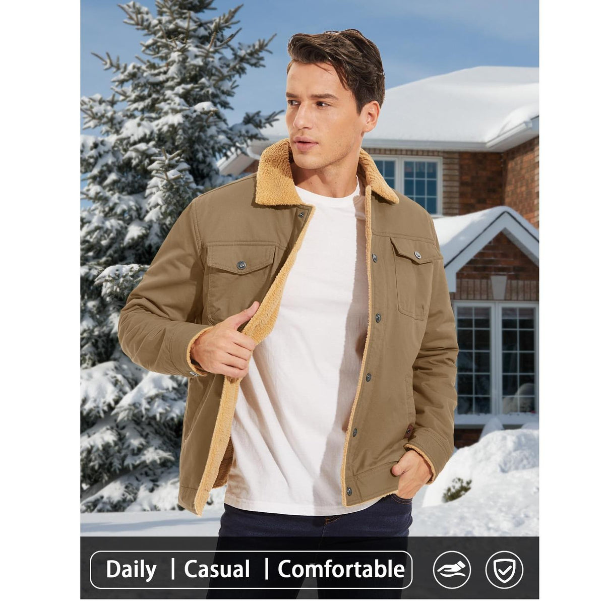 Man in the khaki fleece-lined trucker jacket in front of a snowy house