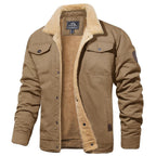 Men's khaki sherpa-lined trucker jacket with fleece collar, front view on white