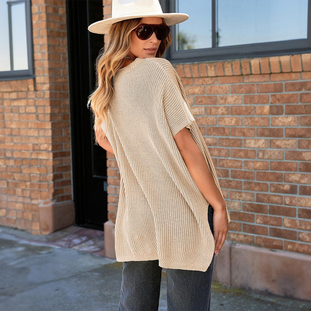 Back view of the beige oversized short sleeve knit pullover