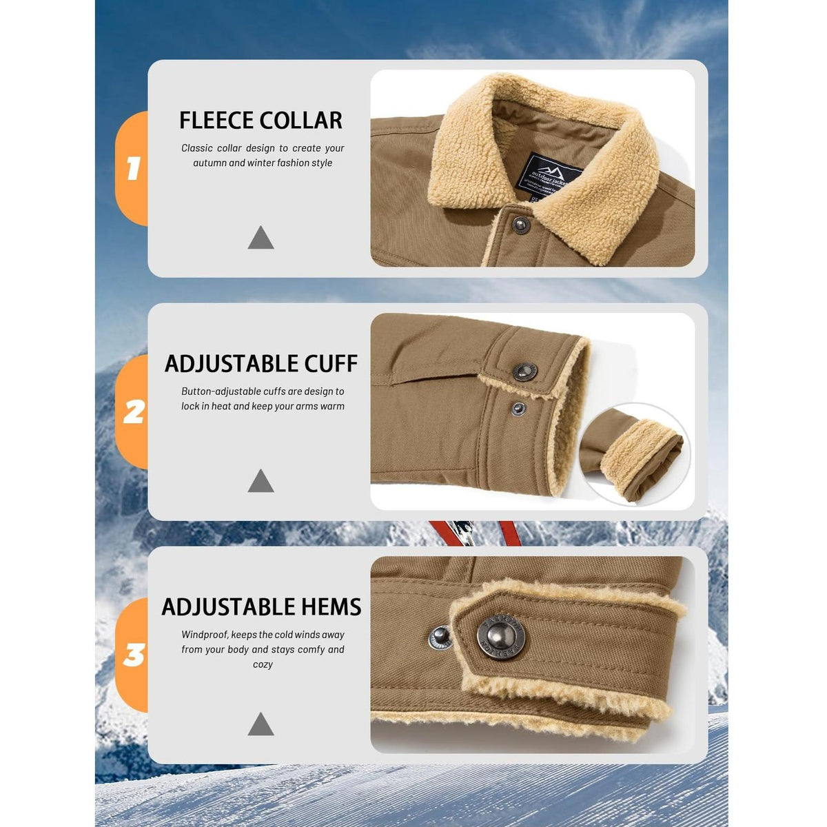Sherpa trucker jacket details: fleece collar, adjustable cuffs and adjustable snap hems