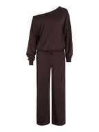 Coffee brown two-piece lounge set shown flat, off-shoulder sweatshirt over wide-leg pants