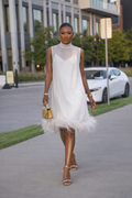 Arabella Collection | Elegant Midi Dress with Feather Hem | Chic Deep V-Neck Design for Stunning Style