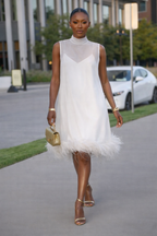 Arabella Collection | Elegant Midi Dress with Feather Hem | Chic Deep V-Neck Design for Stunning Style