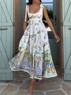 Ayla™ | White Midi Dress with Artistic Painted Design & Elegant Tie Waist | Floral Midi Dress for Effortless Style
