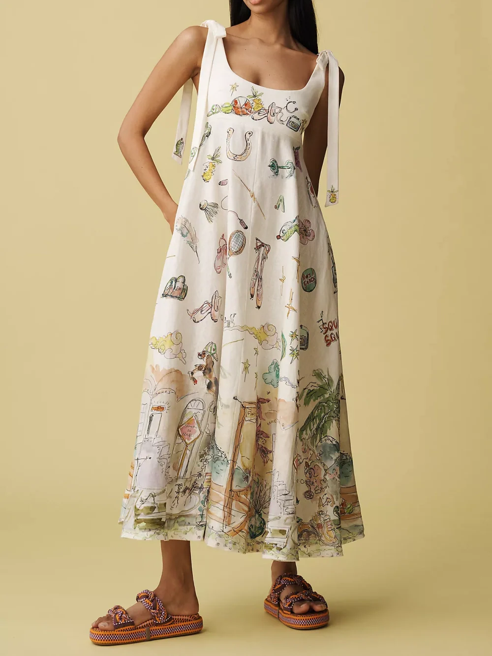 Ayla™ | White Midi Dress with Artistic Painted Design & Elegant Tie Waist | Floral Midi Dress for Effortless Style