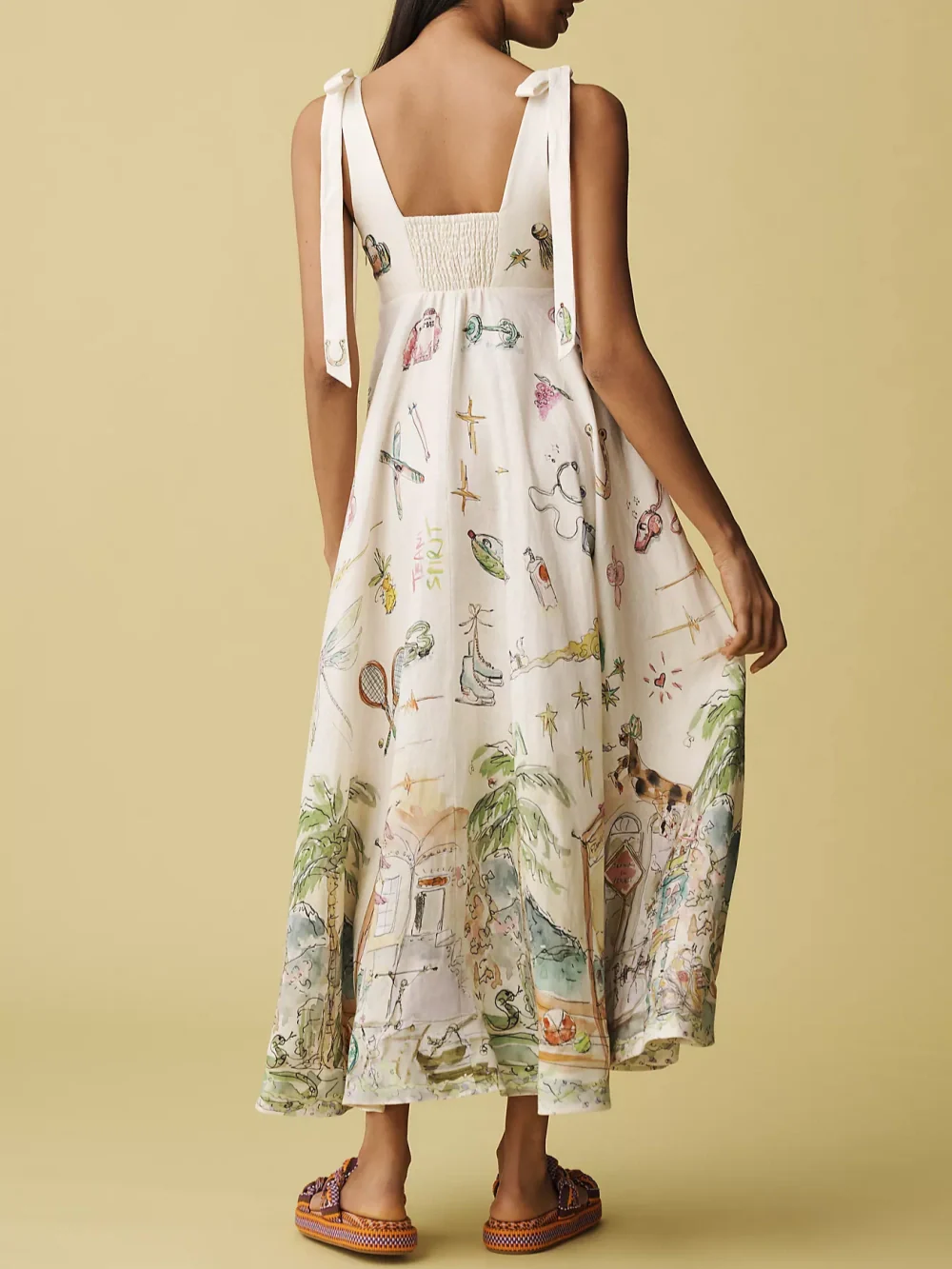 Ayla™ | White Midi Dress with Artistic Painted Design & Elegant Tie Waist | Floral Midi Dress for Effortless Style