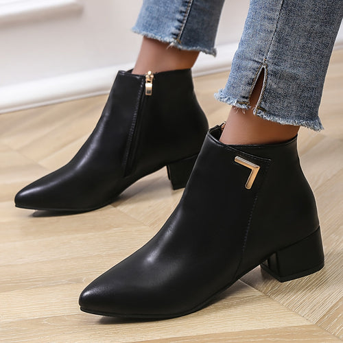 Black Chunky Heel Ankle Boots for Women with Side Zip - Stylish & Versatile Footwear 1
