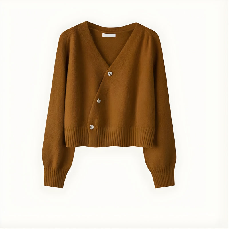 Chic Collection | Women's Cropped Cardigan Sweater with V-Neck & Asymmetric Button Front | Stylish Layering Piece for Effortless Fashion 3