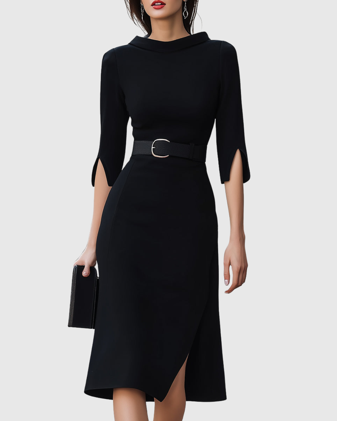 Elegant Collection | Black Midi Dress with Tailored Waist for Effortless Sophistication