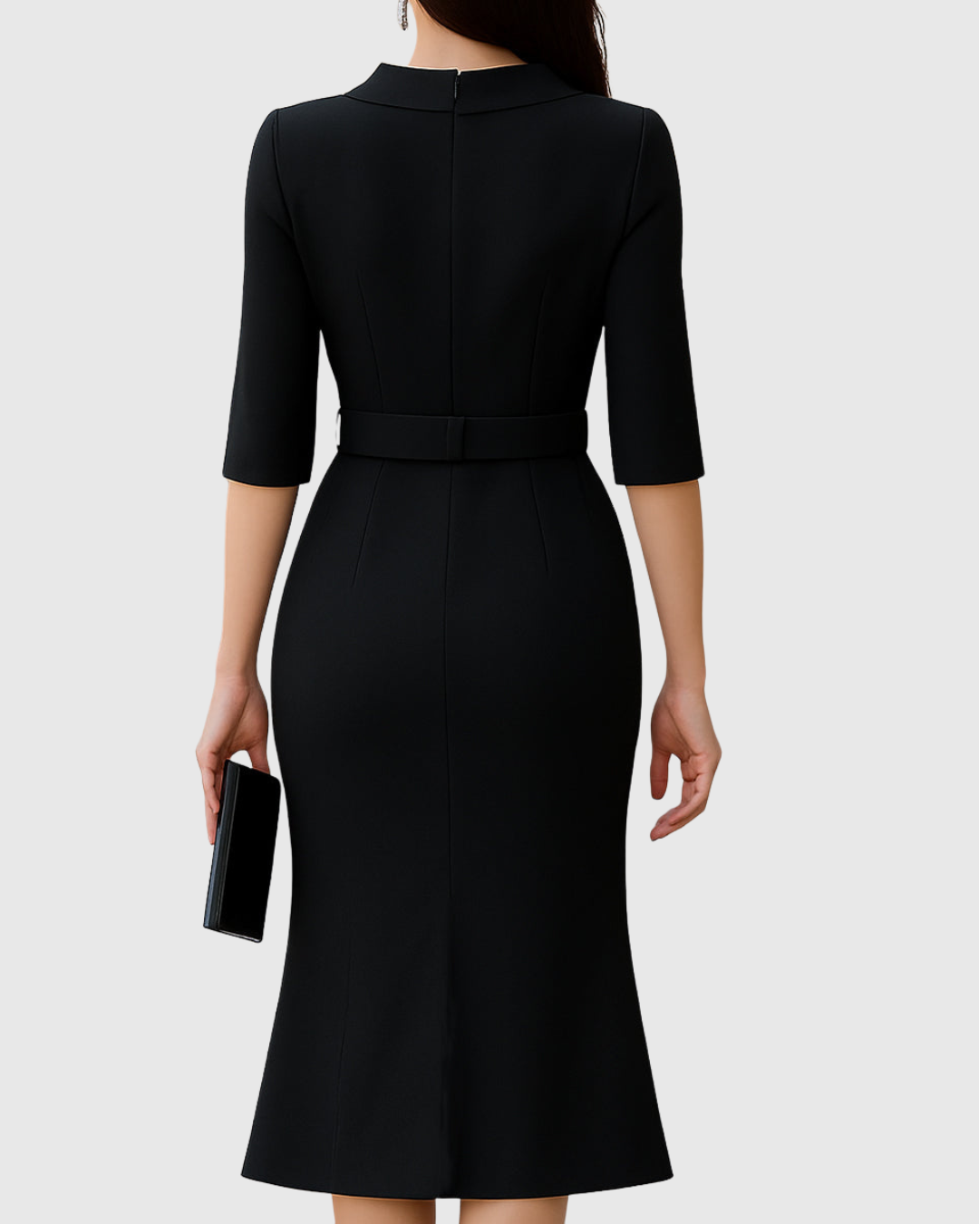 Elegant Collection | Black Midi Dress with Tailored Waist for Effortless Sophistication