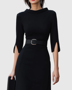 Elegant Collection | Black Midi Dress with Tailored Waist for Effortless Sophistication