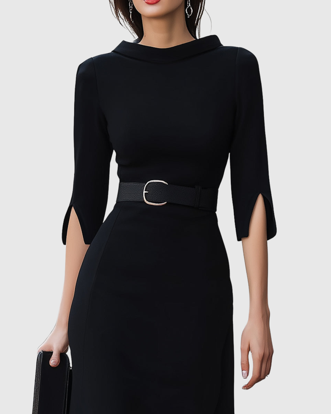 Elegant Collection | Black Midi Dress with Tailored Waist for Effortless Sophistication