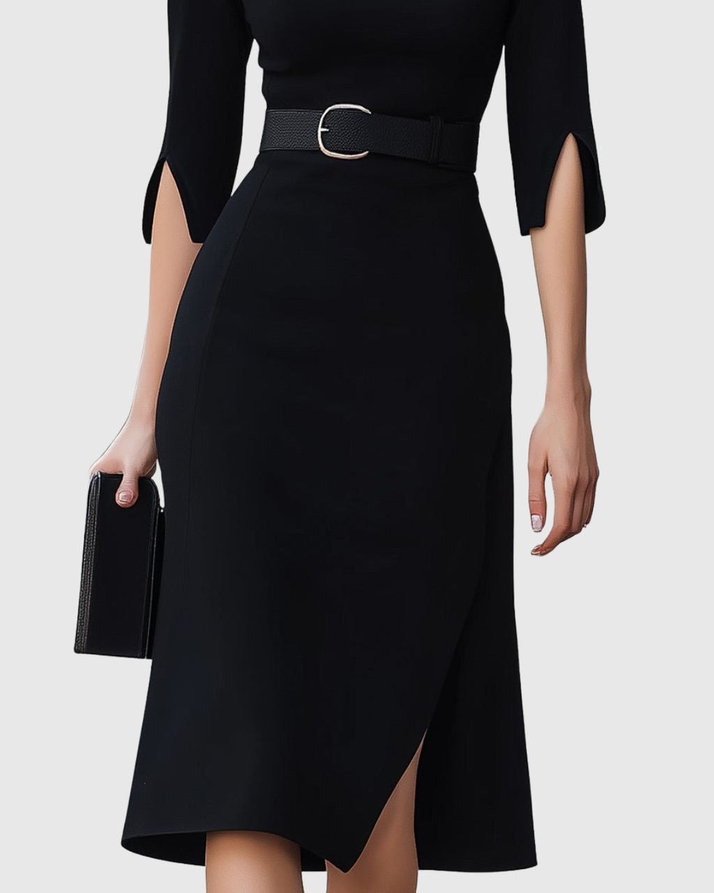 Elegant Collection | Black Midi Dress with Tailored Waist for Effortless Sophistication