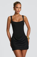Elegant Collection | Black Mini Dress with Structured Bodice & Cowl Overlay | Flattering Fit for Any Occasion