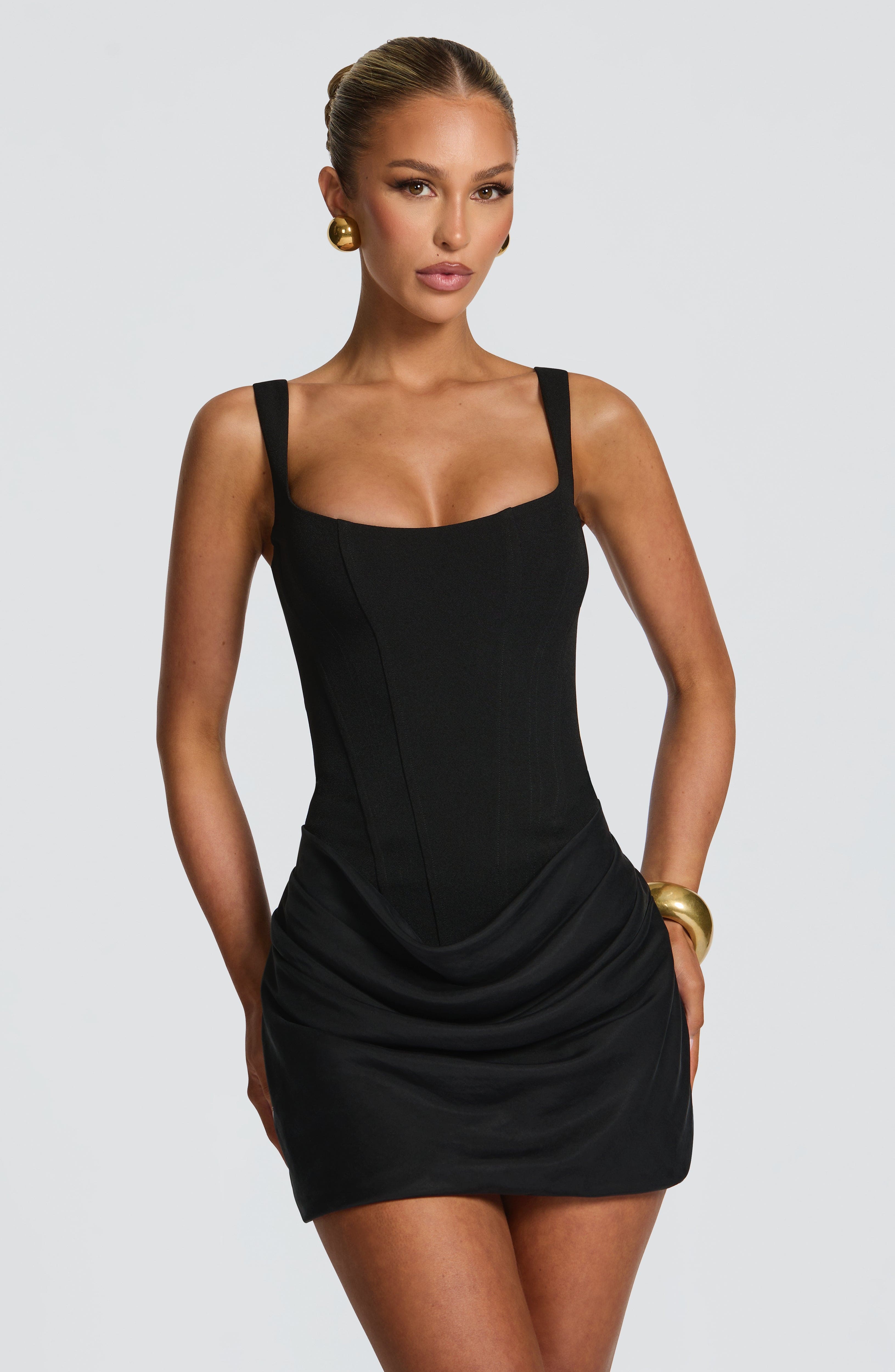 Elegant Collection | Black Mini Dress with Structured Bodice & Cowl Overlay | Flattering Fit for Any Occasion