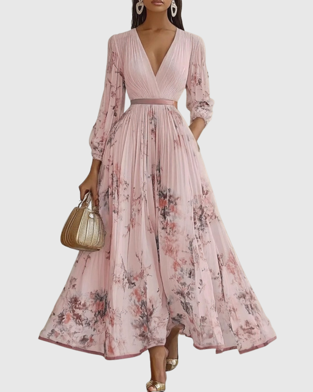Elegant Collection | Floral Maxi Dress with Long Sleeves & Ribbon Tie | Flattering Fit for Graceful Movement 9