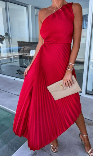 Elegant Collection | Maxi Dress for Women with One Shoulder Pleated Design | Flattering Fit for Special Occasions 0