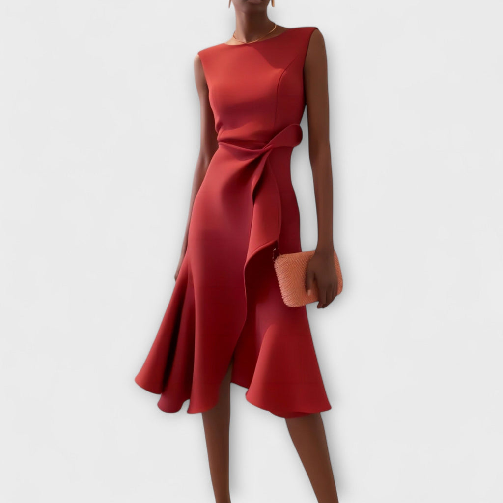 Elegant Draped White Midi Dress with Asymmetric Hem | Flattering Style for Timeless Elegance