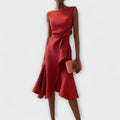 Elegant Draped White Midi Dress with Asymmetric Hem | Flattering Style for Timeless Elegance