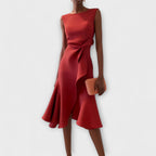 Elegant Draped White Midi Dress with Asymmetric Hem | Flattering Style for Timeless Elegance