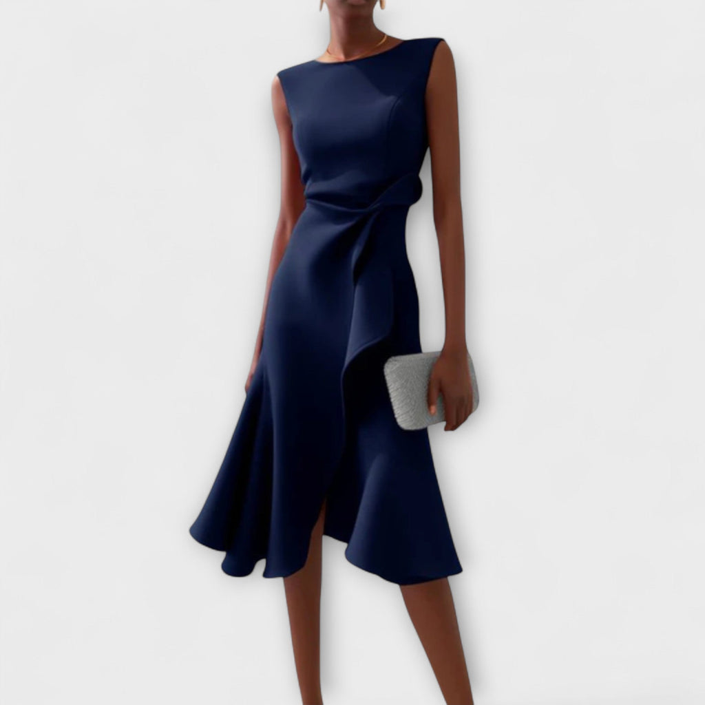 Elegant Draped White Midi Dress with Asymmetric Hem | Flattering Style for Timeless Elegance