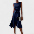 Elegant Draped White Midi Dress with Asymmetric Hem | Flattering Style for Timeless Elegance