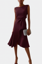 Elegant Draped White Midi Dress with Asymmetric Hem | Flattering Style for Timeless Elegance