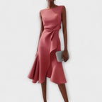 Elegant Draped White Midi Dress with Asymmetric Hem | Flattering Style for Timeless Elegance