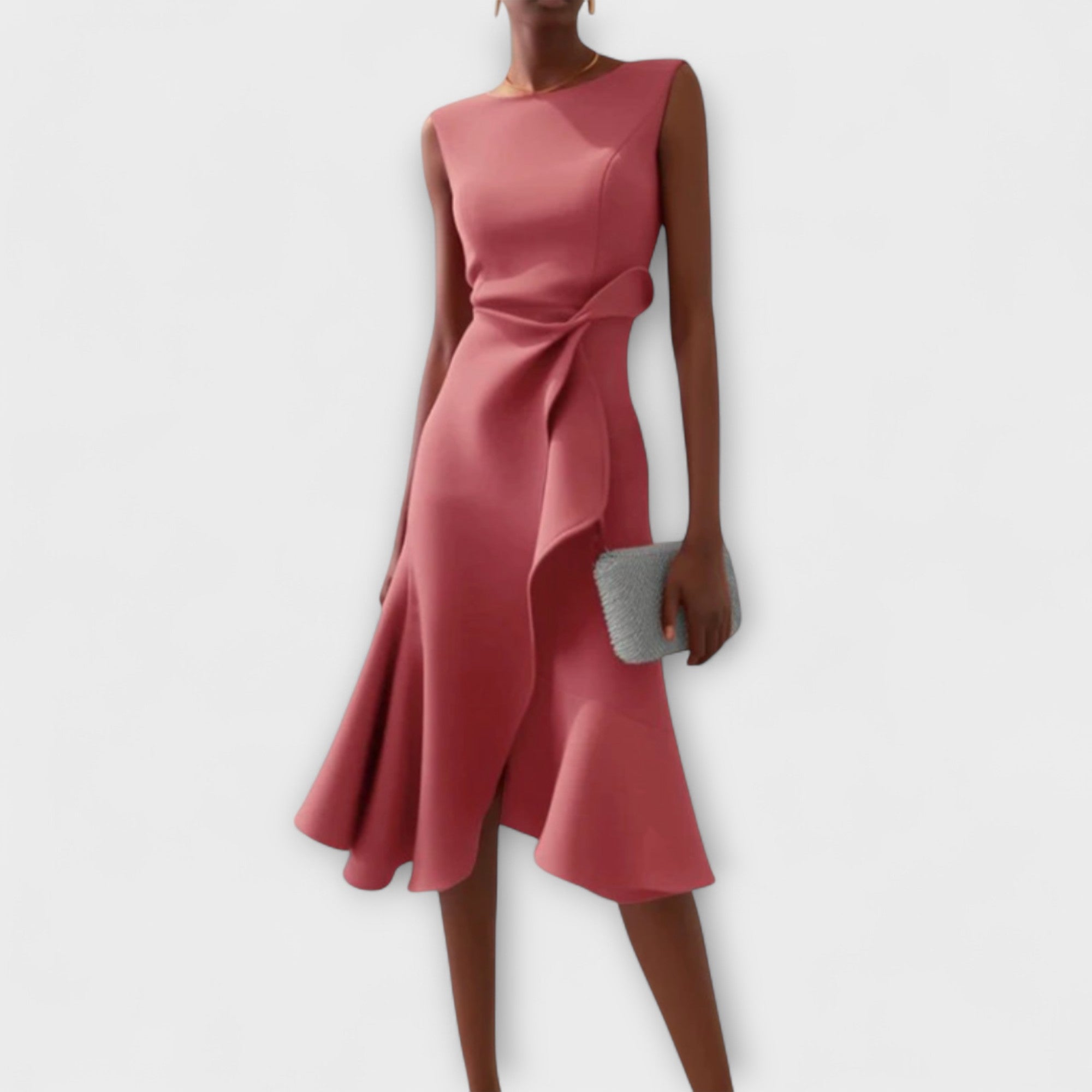 Elegant Draped White Midi Dress with Asymmetric Hem | Flattering Style for Timeless Elegance