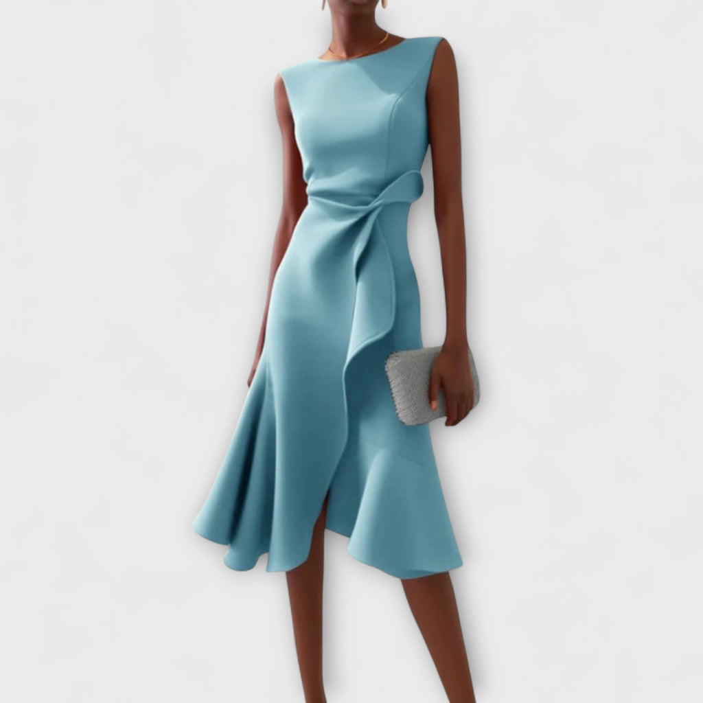 Elegant Draped White Midi Dress with Asymmetric Hem | Flattering Style for Timeless Elegance