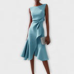 Elegant Draped White Midi Dress with Asymmetric Hem | Flattering Style for Timeless Elegance