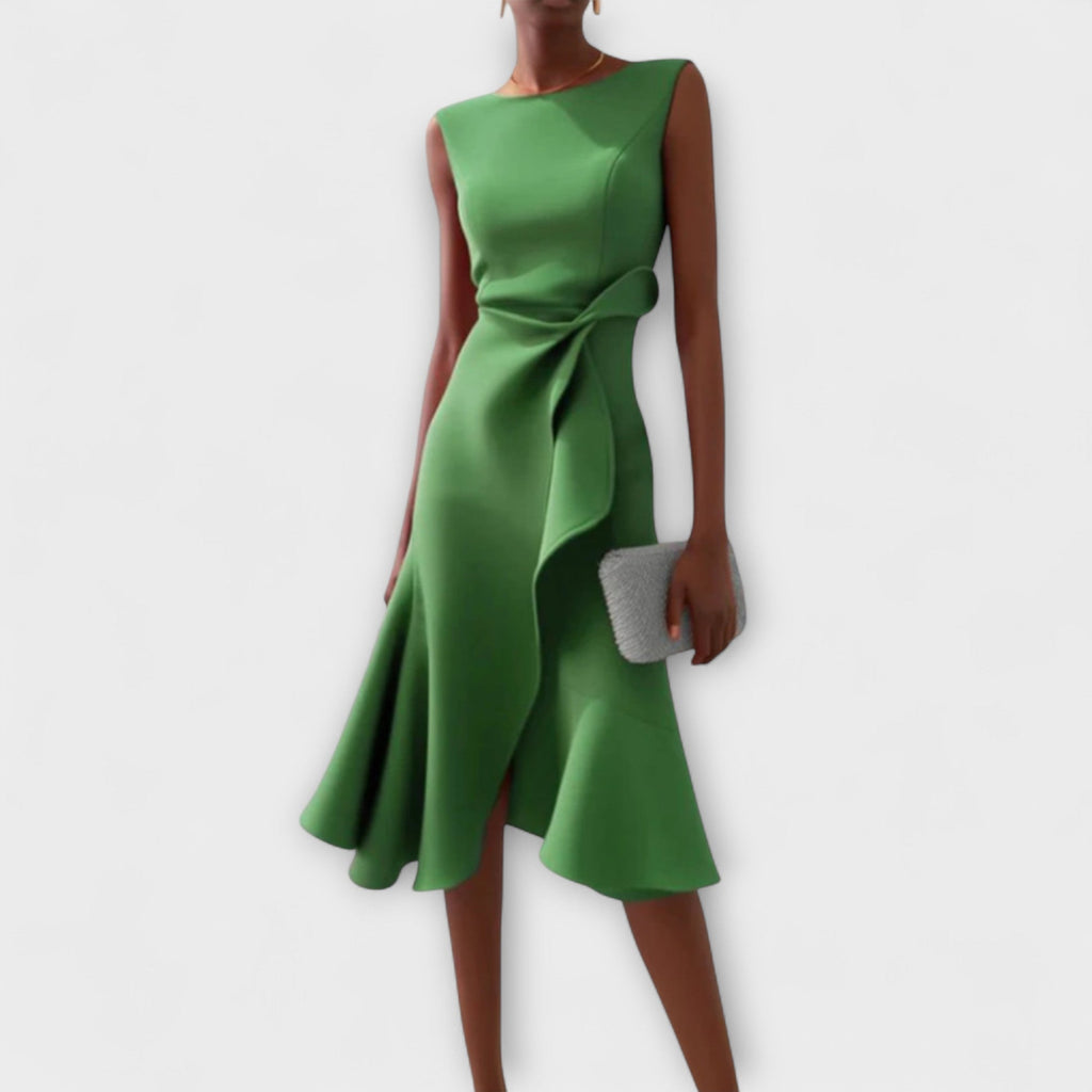 Elegant Draped White Midi Dress with Asymmetric Hem | Flattering Style for Timeless Elegance