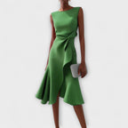 Elegant Draped White Midi Dress with Asymmetric Hem | Flattering Style for Timeless Elegance