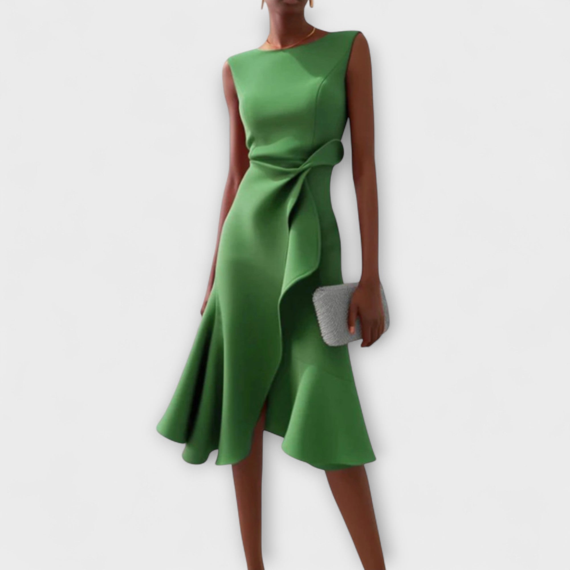Elegant Draped White Midi Dress with Asymmetric Hem | Flattering Style for Timeless Elegance