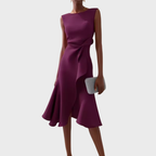 Elegant Draped White Midi Dress with Asymmetric Hem | Flattering Style for Timeless Elegance
