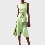 Elegant Draped White Midi Dress with Asymmetric Hem | Flattering Style for Timeless Elegance
