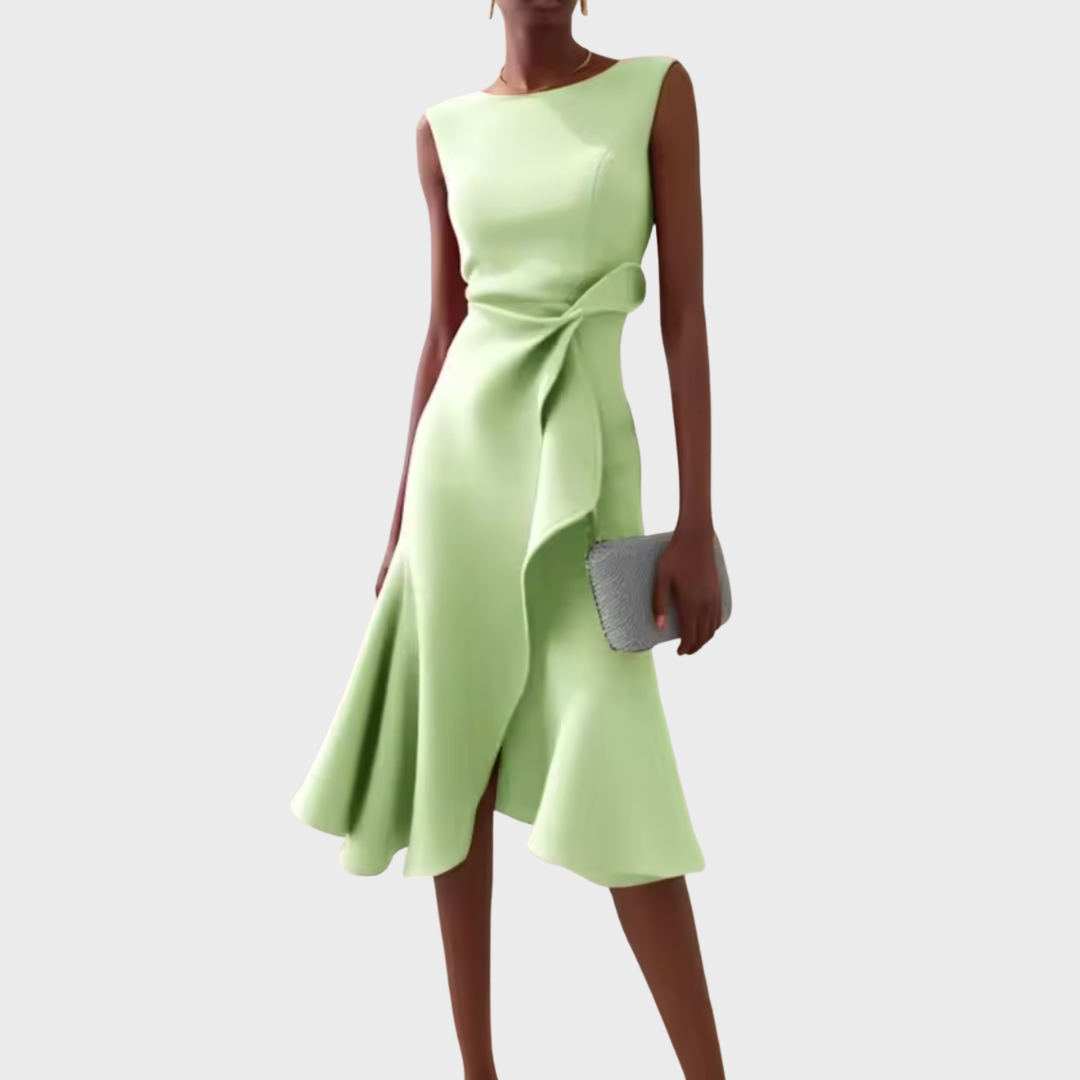 Elegant Draped White Midi Dress with Asymmetric Hem | Flattering Style for Timeless Elegance