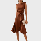 Elegant Draped White Midi Dress with Asymmetric Hem | Flattering Style for Timeless Elegance