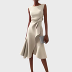 Elegant Draped White Midi Dress with Asymmetric Hem | Flattering Style for Timeless Elegance