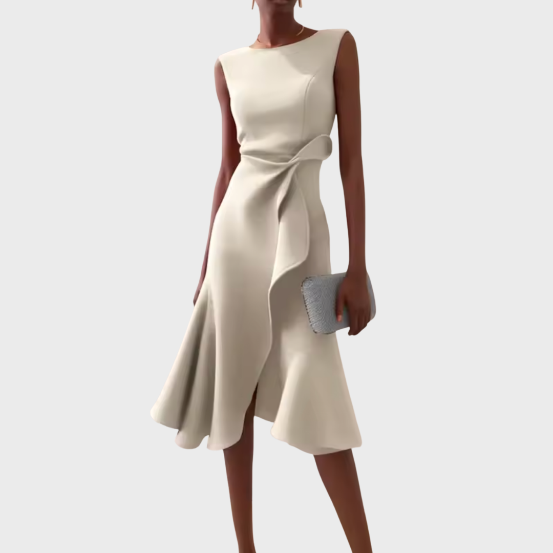 Elegant Draped White Midi Dress with Asymmetric Hem | Flattering Style for Timeless Elegance