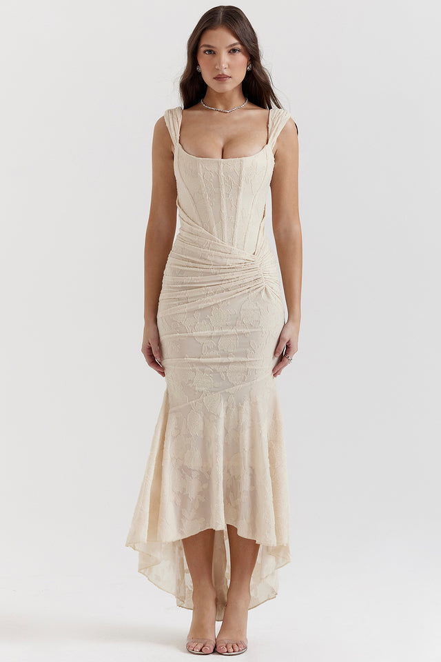 Elegant Evening Dress | Lace Bodycon Gown with Figure-Sculpting Ruching | Chic Sleeveless Design for Unforgettable Evenings