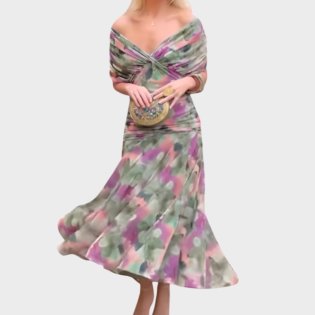 Elegant Evening Dress with Off-Shoulder Neckline & Flowing Skirt | Timeless Formal Gown for Special Occasions
