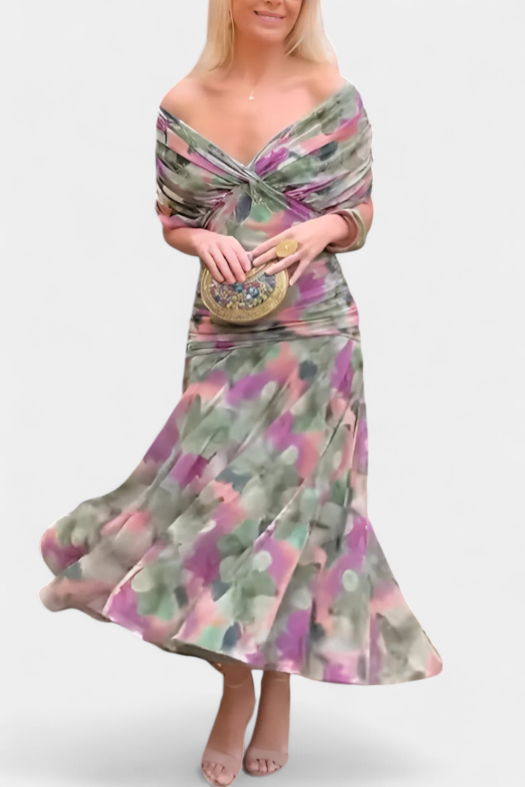 Elegant Evening Dress with Off-Shoulder Neckline & Flowing Skirt | Timeless Formal Gown for Special Occasions