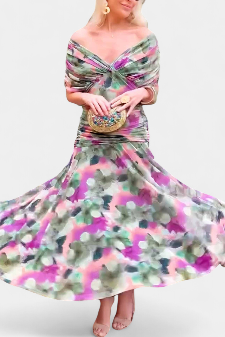 Elegant Evening Dress with Off-Shoulder Neckline & Flowing Skirt | Timeless Formal Gown for Special Occasions