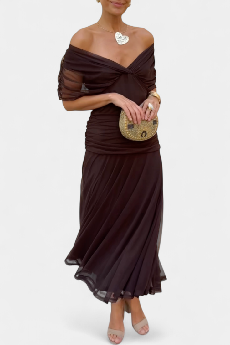 Elegant Evening Dress with Off-Shoulder Neckline & Flowing Skirt | Timeless Formal Gown for Special Occasions