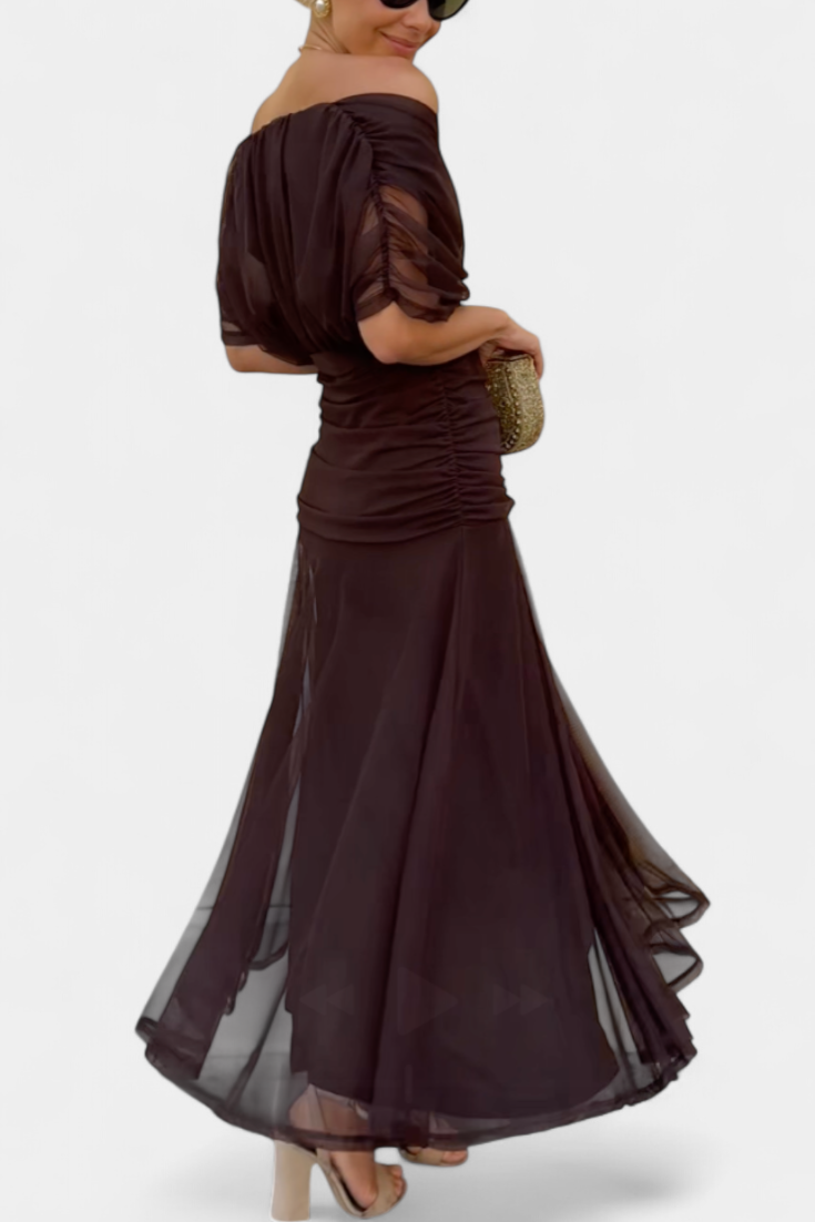 Elegant Evening Dress with Off-Shoulder Neckline & Flowing Skirt | Timeless Formal Gown for Special Occasions